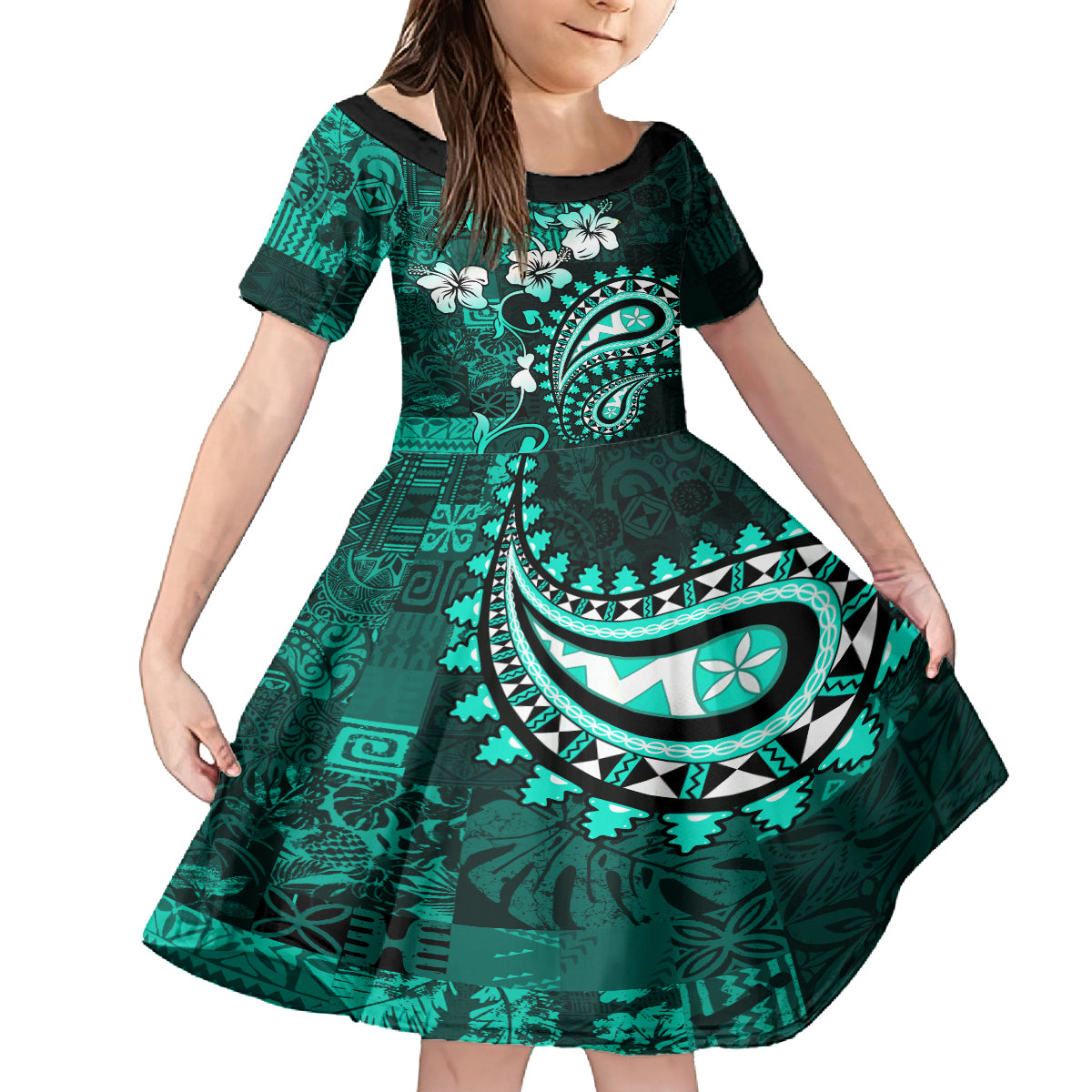 Fiji Masi Paisley Kid Short Sleeve Dress Fijian Hibiscus Tapa Turquoise Version LT01 KID Turquoise - Polynesian Pride