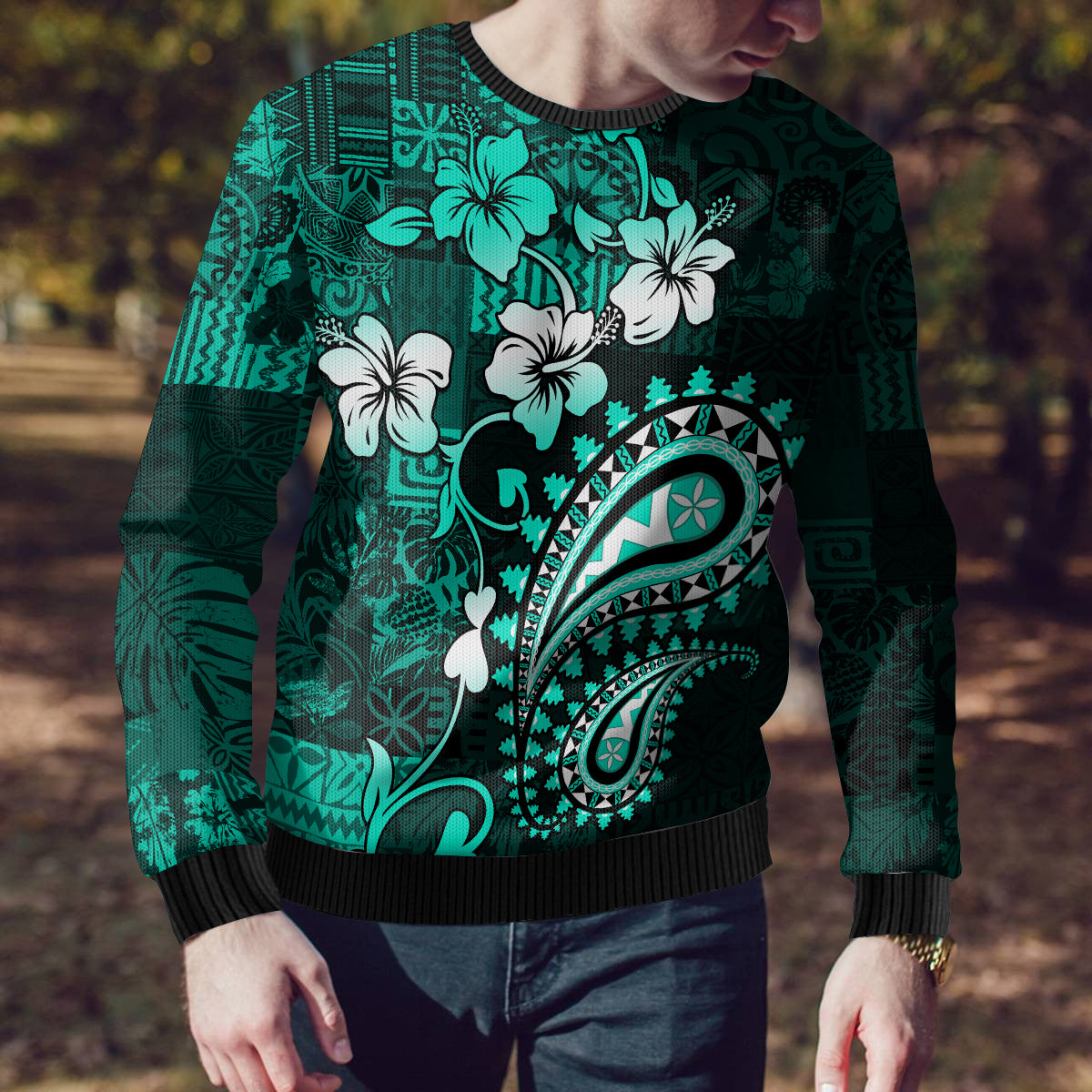 Fiji Masi Paisley Ugly Christmas Sweater Fijian Hibiscus Tapa Turquoise Version LT01 - Polynesian Pride