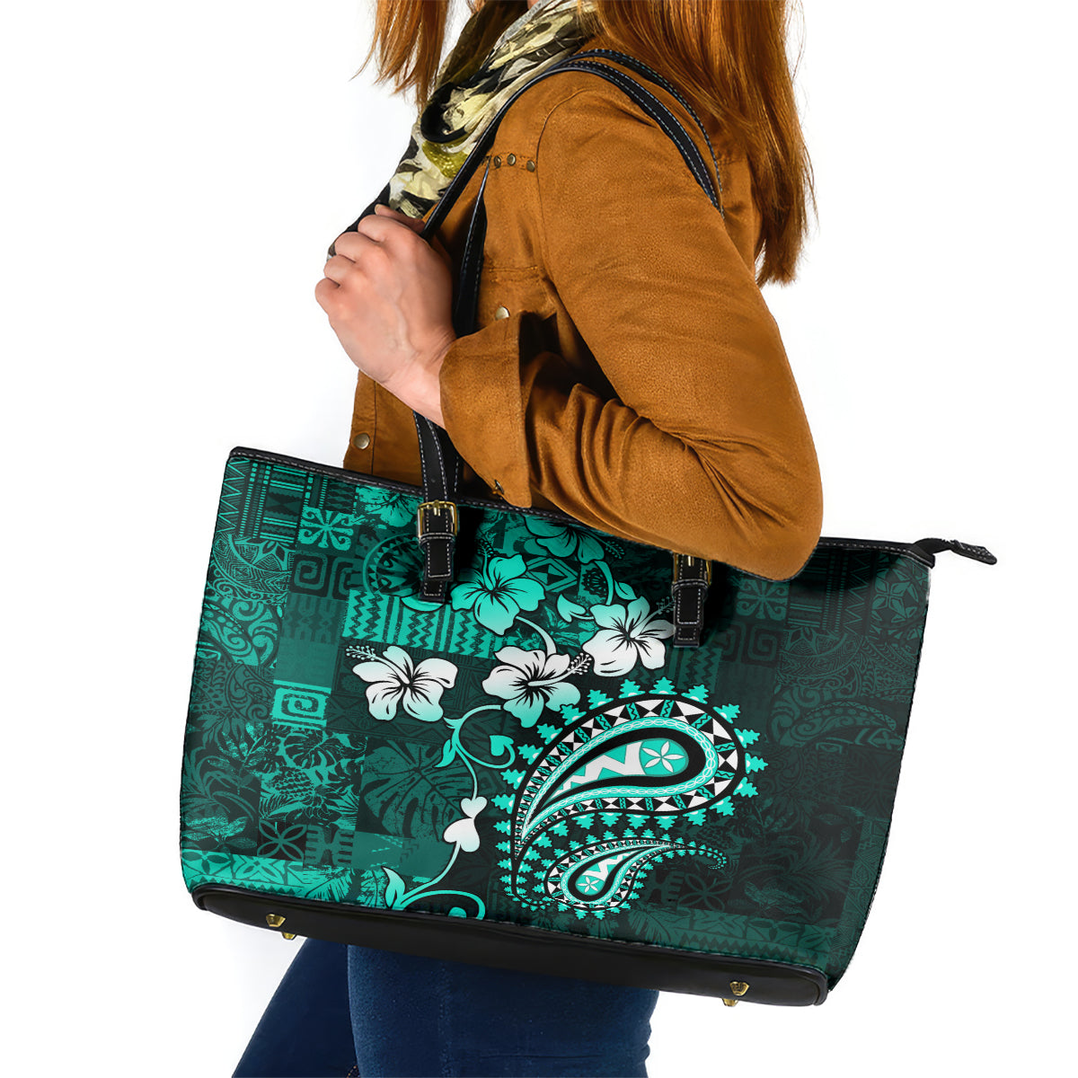 Fiji Masi Paisley Leather Tote Bag Fijian Hibiscus Tapa Turquoise Version LT01 Turquoise - Polynesian Pride