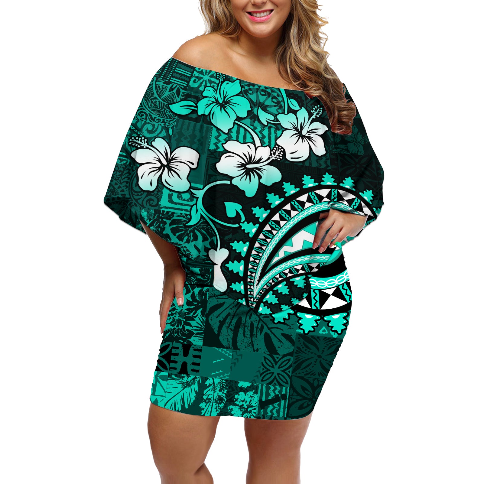 Fiji Masi Paisley Off Shoulder Short Dress Fijian Hibiscus Tapa Turquoise Version LT01 Women Turquoise - Polynesian Pride