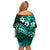 Fiji Masi Paisley Off Shoulder Short Dress Fijian Hibiscus Tapa Turquoise Version LT01 - Polynesian Pride