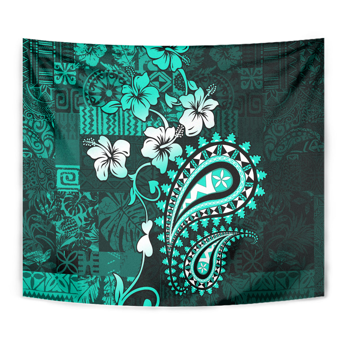 Fiji Masi Paisley Tapestry Fijian Hibiscus Tapa Turquoise Version LT01 - Polynesian Pride