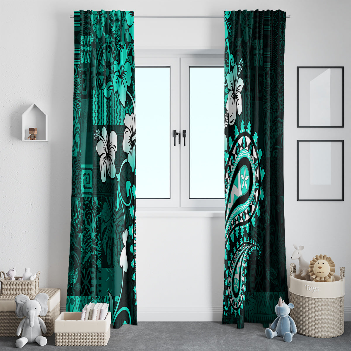 Fiji Masi Paisley Window Curtain Fijian Hibiscus Tapa Turquoise Version LT01 - Polynesian Pride
