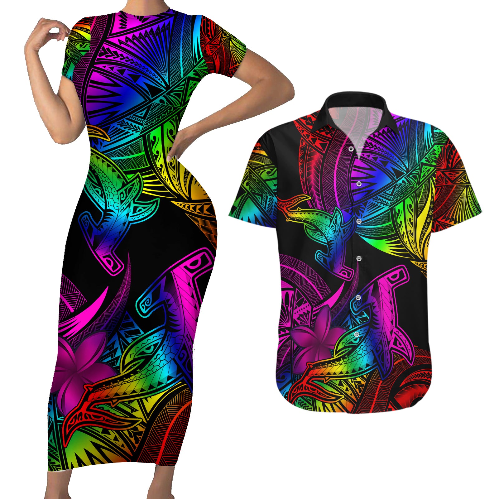 LGBT History Month Couples Matching Short Sleeve Bodycon Dress and Hawaiian Shirt Polynesian Hammerhead Shark LT01 Rainbow - Polynesian Pride