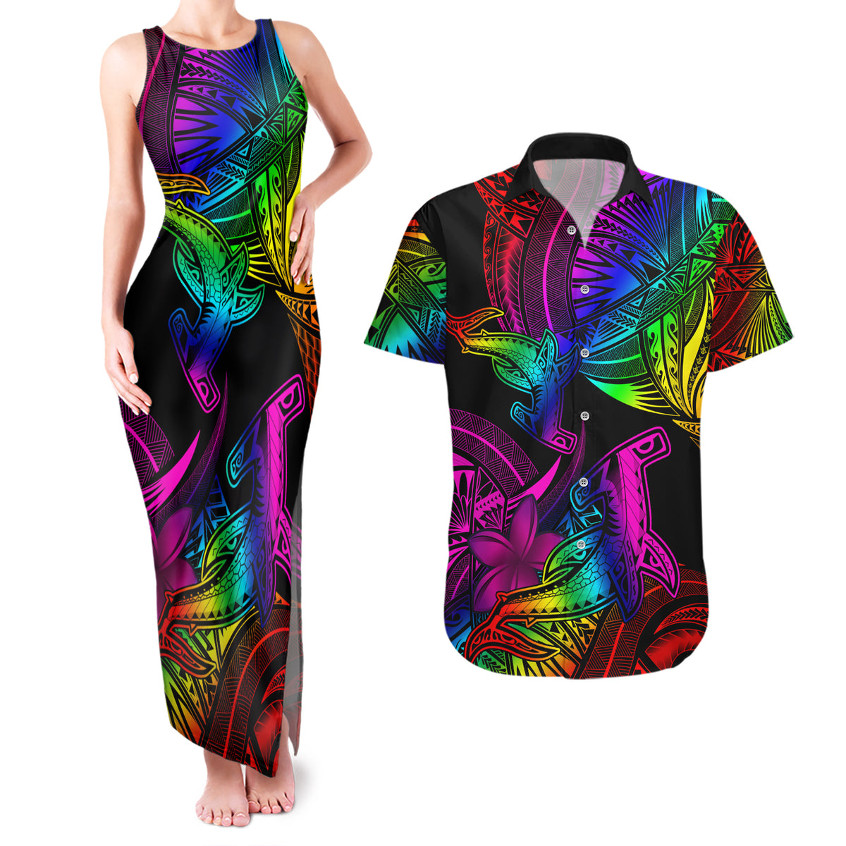 LGBT History Month Couples Matching Tank Maxi Dress and Hawaiian Shirt Polynesian Hammerhead Shark LT01 Rainbow - Polynesian Pride