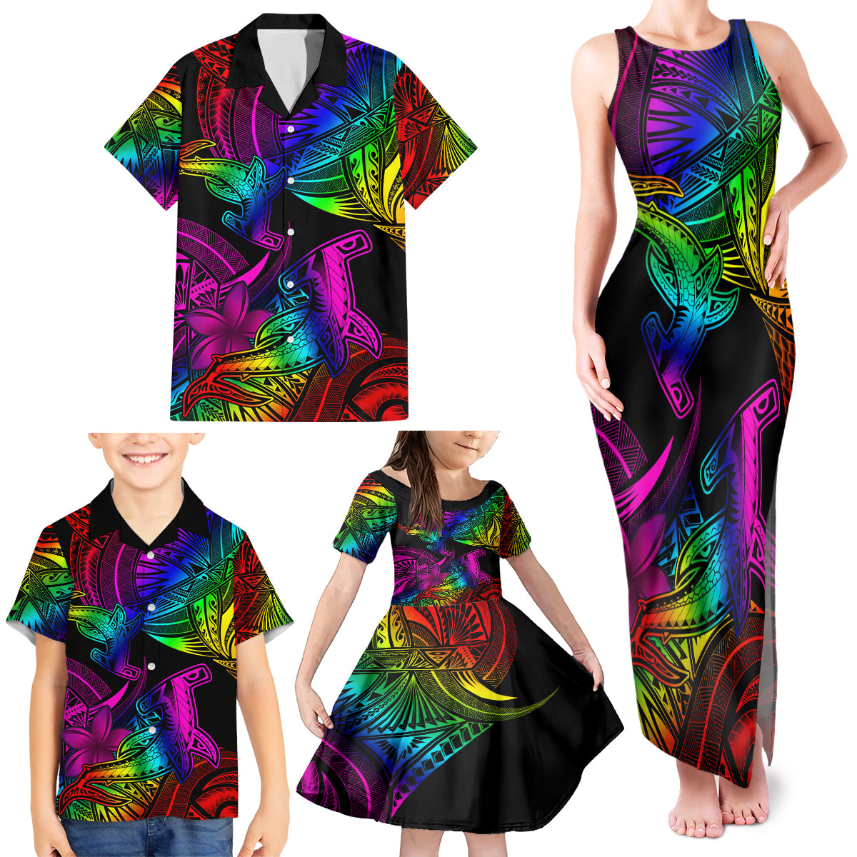 LGBT History Month Family Matching Tank Maxi Dress and Hawaiian Shirt Polynesian Hammerhead Shark LT01 - Polynesian Pride