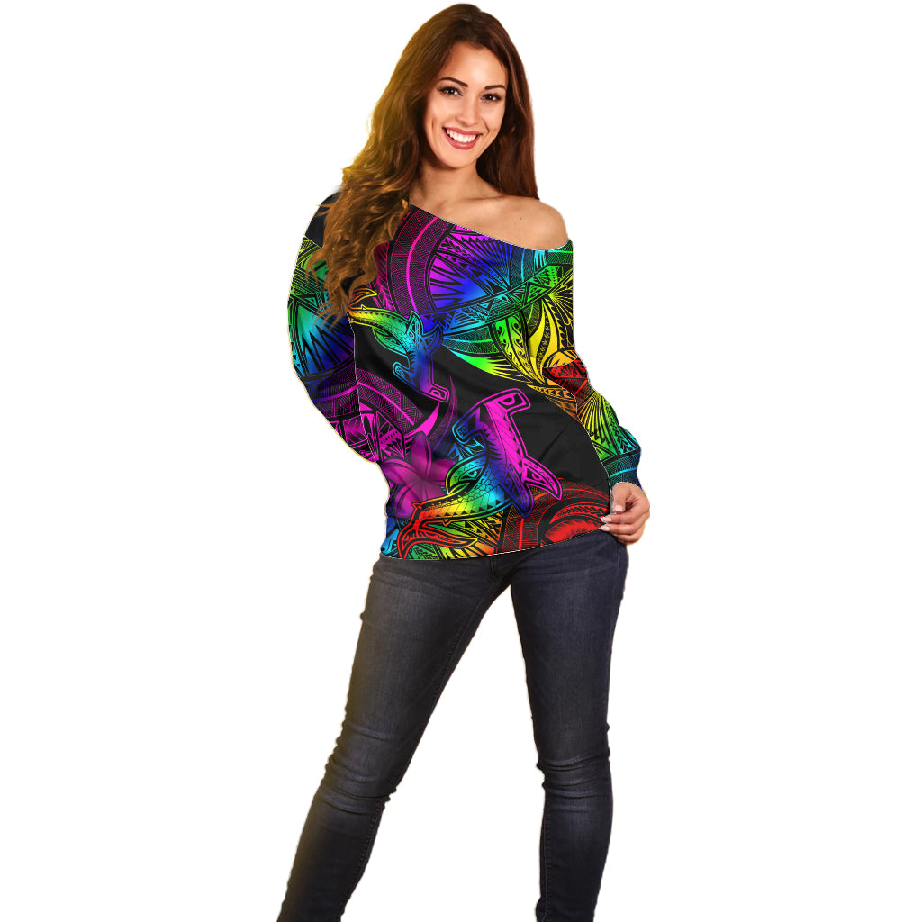 LGBT History Month Off Shoulder Sweater Polynesian Hammerhead Shark LT01 - Polynesian Pride