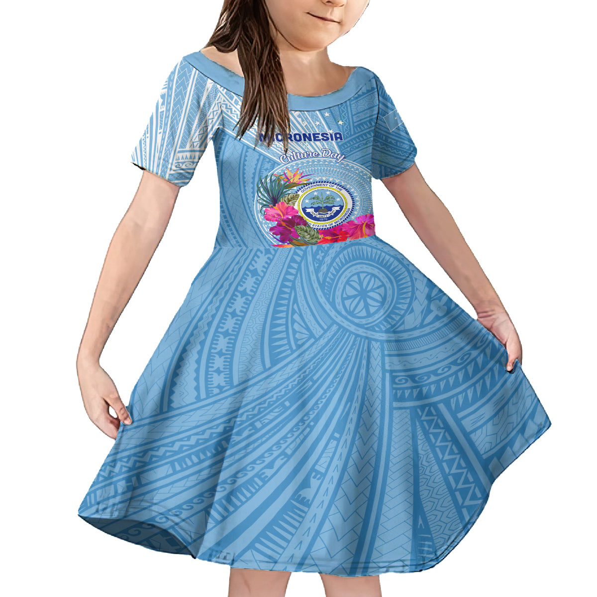 Micronesia Culture Day Family Matching Long Sleeve Bodycon Dress and Hawaiian Shirt Tribal Pattern Tropical Style LT01 Daughter's Dress Blue - Polynesian Pride