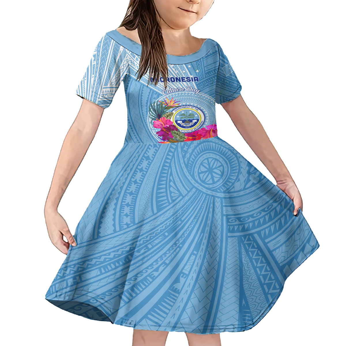 Micronesia Culture Day Family Matching Short Sleeve Bodycon Dress and Hawaiian Shirt Tribal Pattern Tropical Style LT01 Daughter's Dress Blue - Polynesian Pride