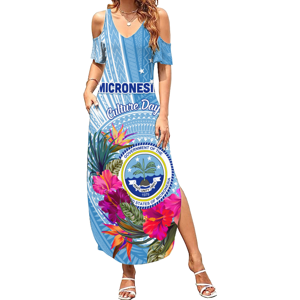 Micronesia Culture Day Summer Maxi Dress Tribal Pattern Tropical Style LT01 Women Blue - Polynesian Pride