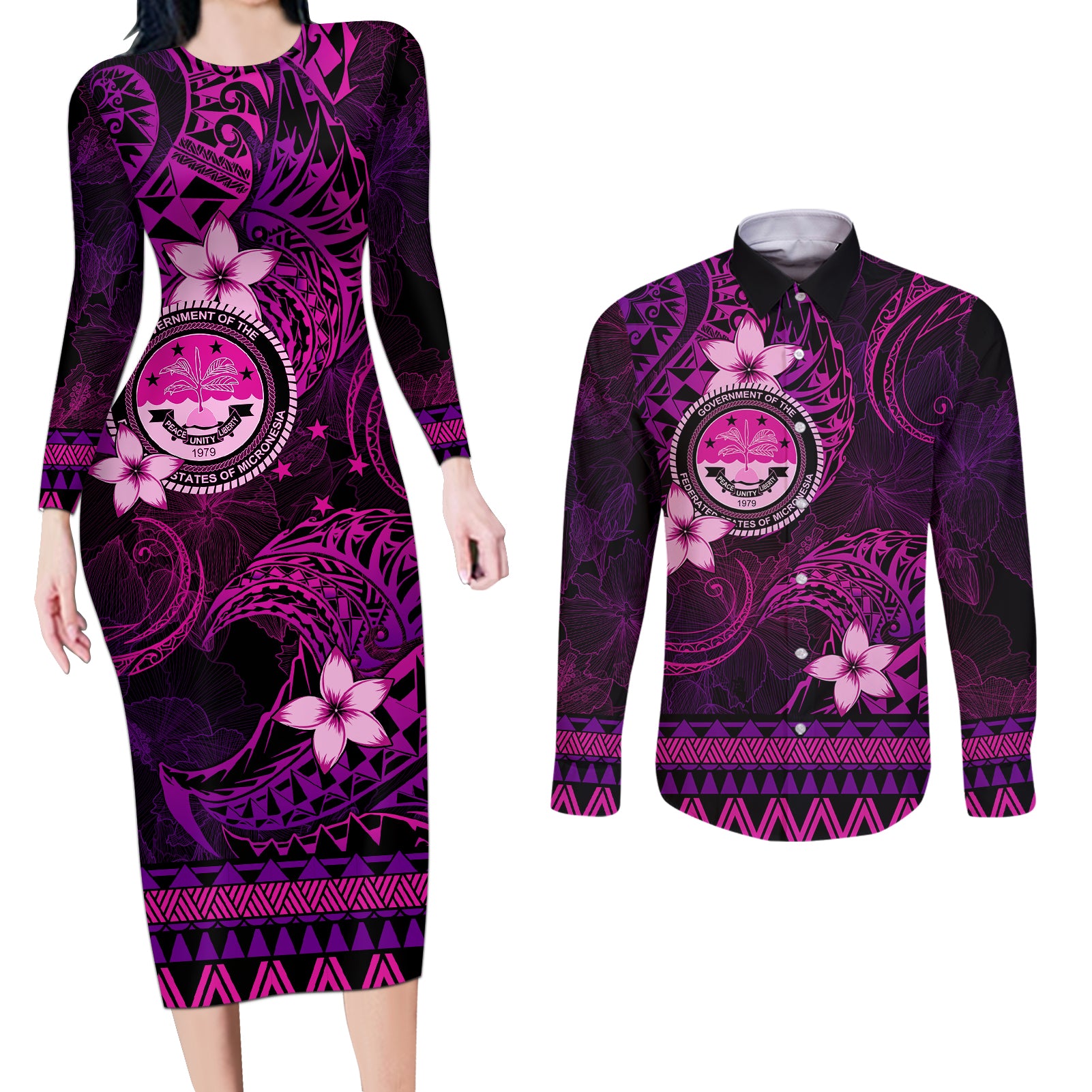 FSM Culture Day Couples Matching Long Sleeve Bodycon Dress and Long Sleeve Button Shirt Tribal Pattern Pink Version LT01 Pink - Polynesian Pride