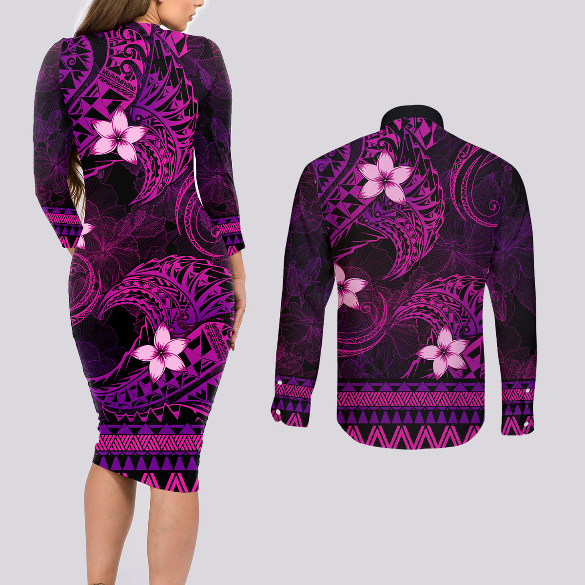 FSM Culture Day Couples Matching Long Sleeve Bodycon Dress and Long Sleeve Button Shirt Tribal Pattern Pink Version LT01 - Polynesian Pride