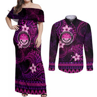 FSM Culture Day Couples Matching Off Shoulder Maxi Dress and Long Sleeve Button Shirt Tribal Pattern Pink Version LT01 Pink - Polynesian Pride