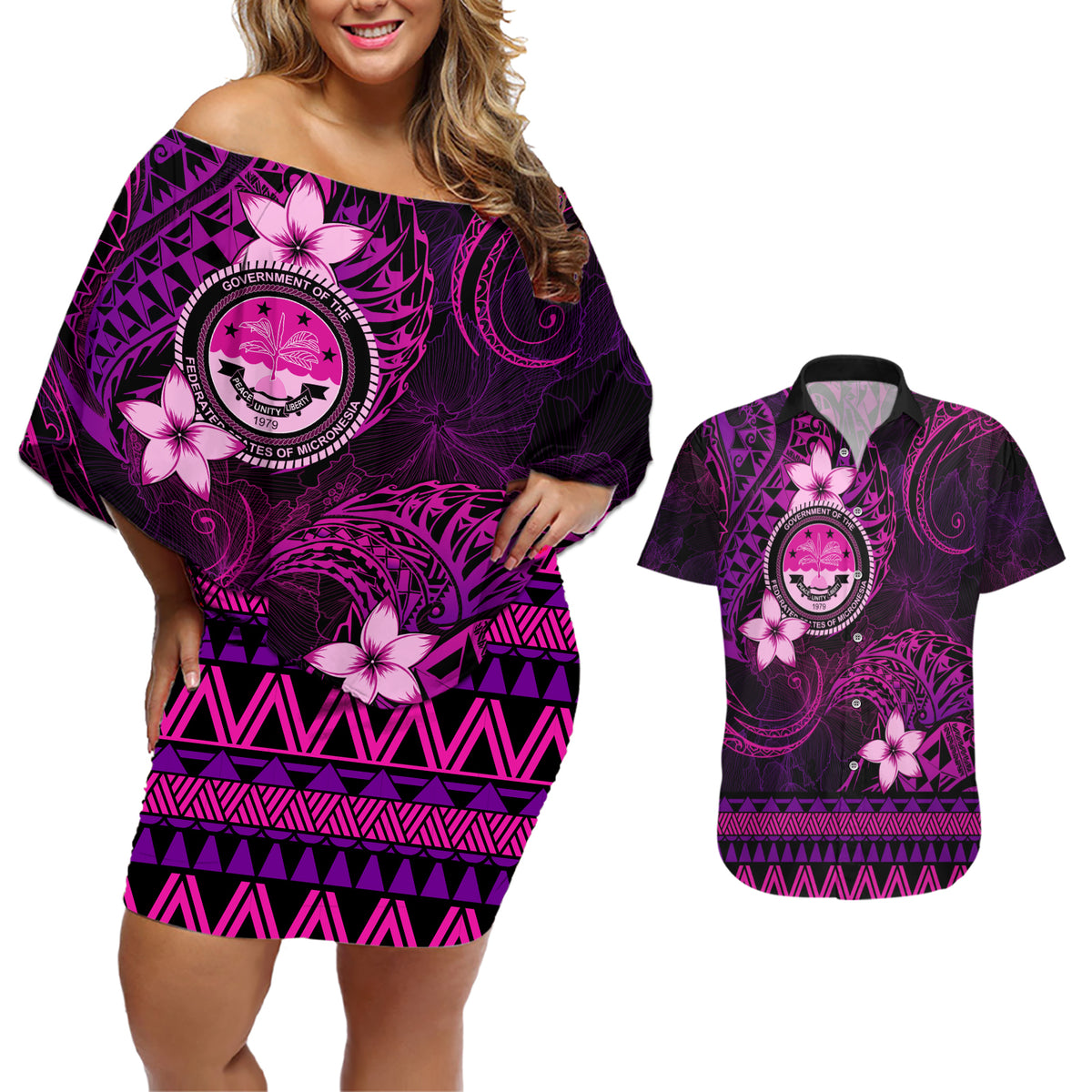 FSM Culture Day Couples Matching Off Shoulder Short Dress and Hawaiian Shirt Tribal Pattern Pink Version LT01 Pink - Polynesian Pride