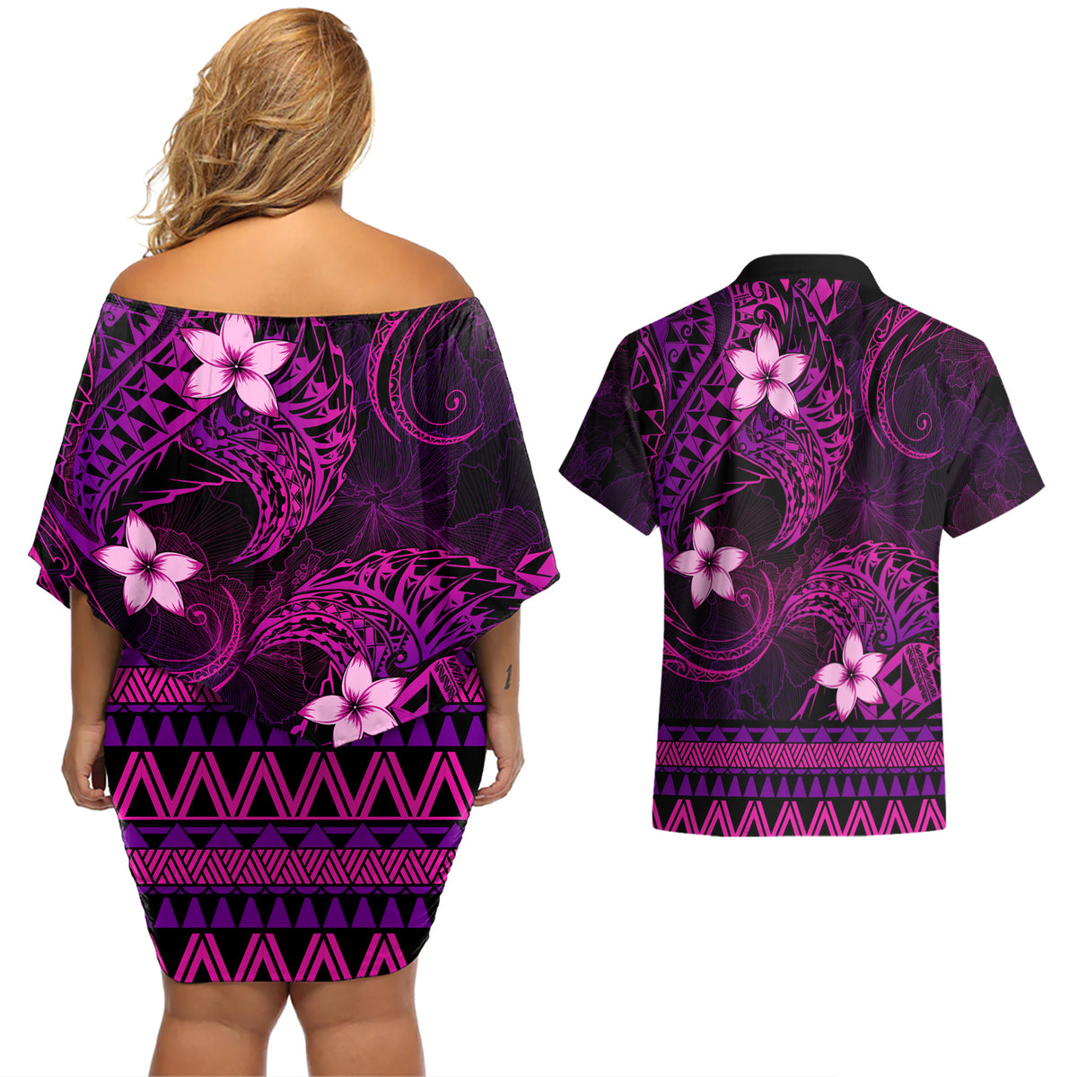 FSM Culture Day Couples Matching Off Shoulder Short Dress and Hawaiian Shirt Tribal Pattern Pink Version LT01 - Polynesian Pride