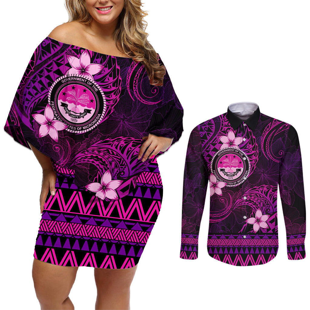 FSM Culture Day Couples Matching Off Shoulder Short Dress and Long Sleeve Button Shirt Tribal Pattern Pink Version LT01 Pink - Polynesian Pride