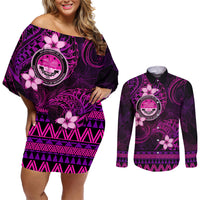 FSM Culture Day Couples Matching Off Shoulder Short Dress and Long Sleeve Button Shirt Tribal Pattern Pink Version LT01 Pink - Polynesian Pride