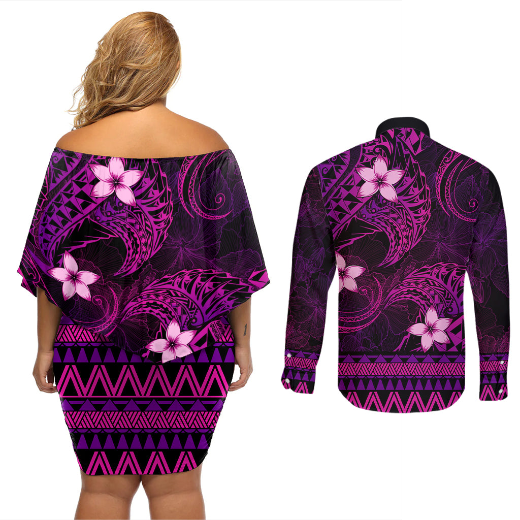 FSM Culture Day Couples Matching Off Shoulder Short Dress and Long Sleeve Button Shirt Tribal Pattern Pink Version LT01 - Polynesian Pride