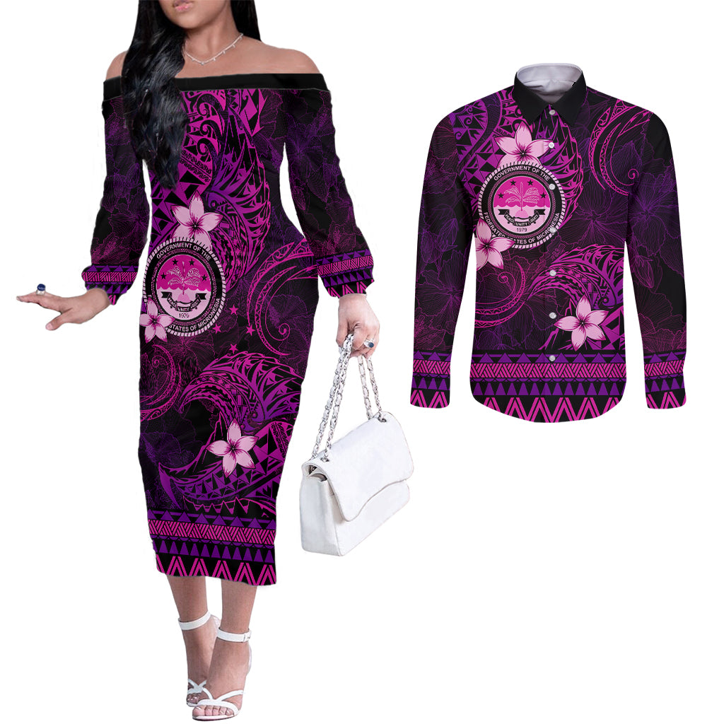 FSM Culture Day Couples Matching Off The Shoulder Long Sleeve Dress and Long Sleeve Button Shirt Tribal Pattern Pink Version LT01 Pink - Polynesian Pride