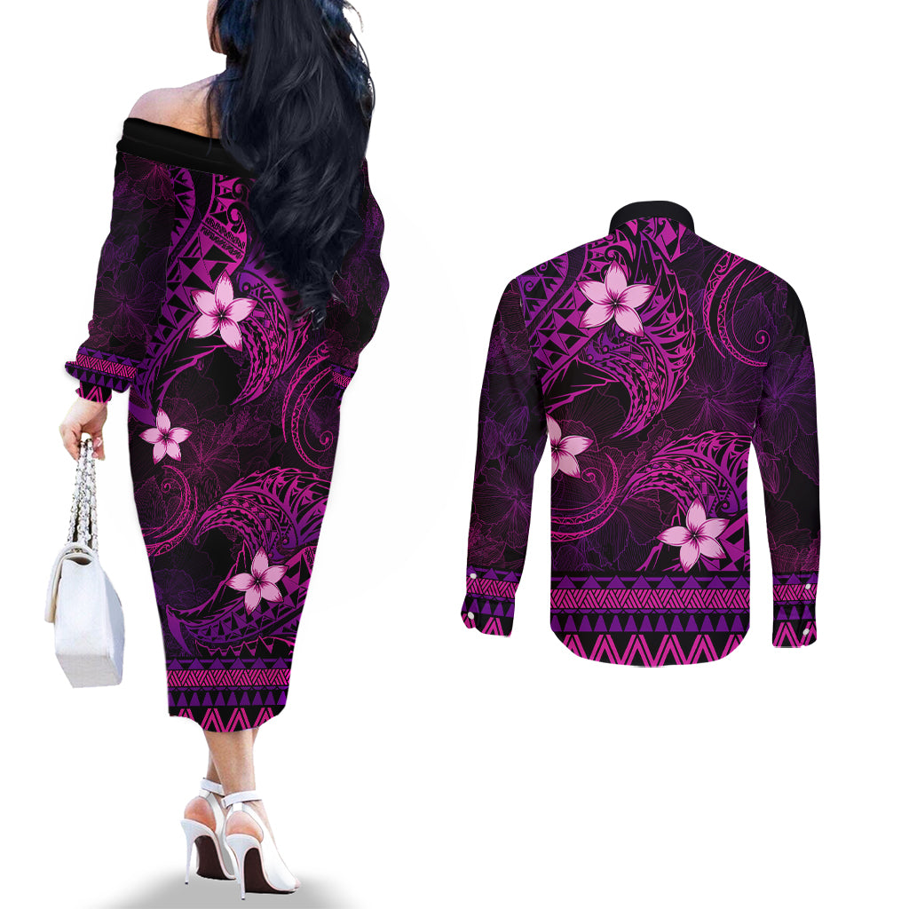 FSM Culture Day Couples Matching Off The Shoulder Long Sleeve Dress and Long Sleeve Button Shirt Tribal Pattern Pink Version LT01 - Polynesian Pride