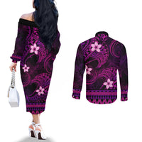 FSM Culture Day Couples Matching Off The Shoulder Long Sleeve Dress and Long Sleeve Button Shirt Tribal Pattern Pink Version LT01 - Polynesian Pride