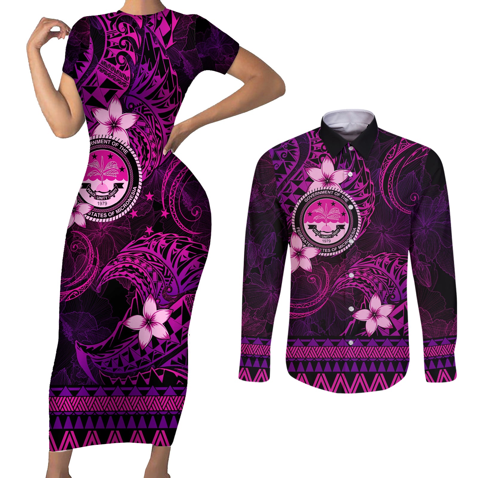 FSM Culture Day Couples Matching Short Sleeve Bodycon Dress and Long Sleeve Button Shirt Tribal Pattern Pink Version LT01 Pink - Polynesian Pride