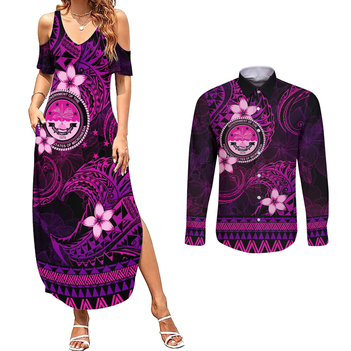 FSM Culture Day Couples Matching Summer Maxi Dress and Long Sleeve Button Shirt Tribal Pattern Pink Version LT01 Pink - Polynesian Pride