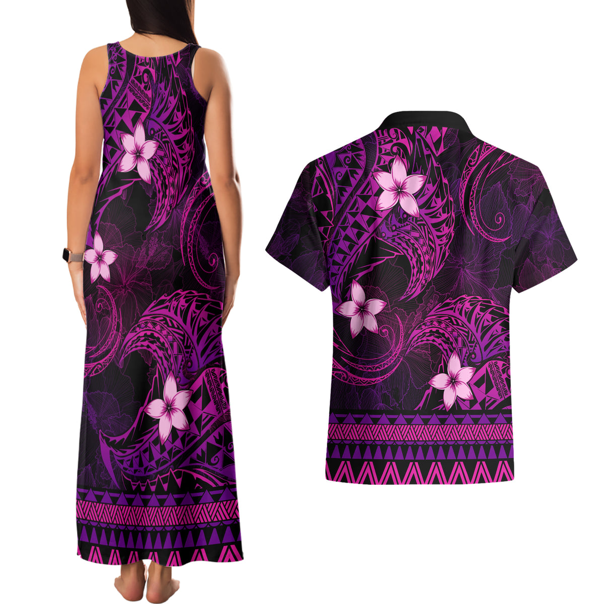 FSM Culture Day Couples Matching Tank Maxi Dress and Hawaiian Shirt Tribal Pattern Pink Version LT01 - Polynesian Pride