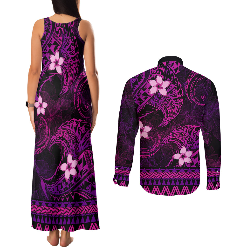 FSM Culture Day Couples Matching Tank Maxi Dress and Long Sleeve Button Shirt Tribal Pattern Pink Version LT01 - Polynesian Pride