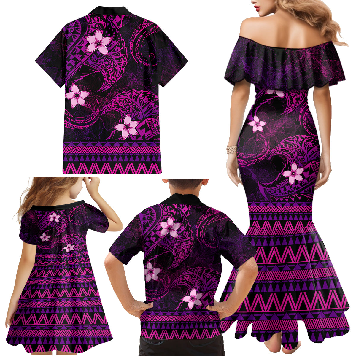 FSM Culture Day Family Matching Mermaid Dress and Hawaiian Shirt Tribal Pattern Pink Version LT01 - Polynesian Pride