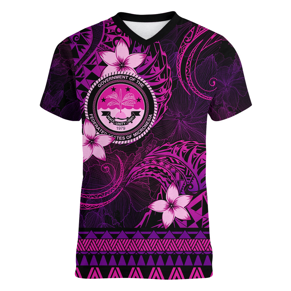 FSM Culture Day Women V Neck T Shirt Tribal Pattern Pink Version LT01 Female Pink - Polynesian Pride
