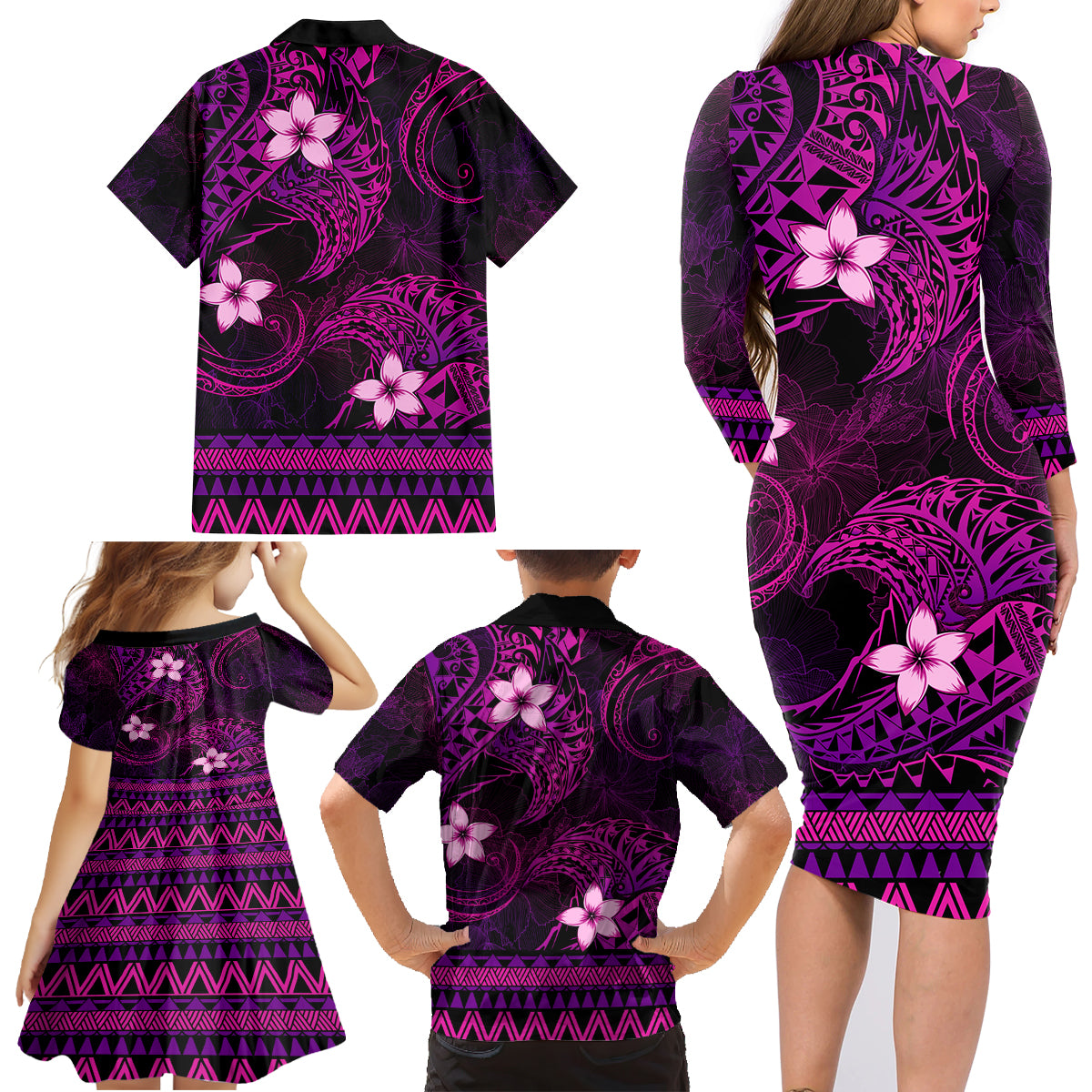 FSM Chuuk State Family Matching Long Sleeve Bodycon Dress and Hawaiian Shirt Tribal Pattern Pink Version LT01 - Polynesian Pride