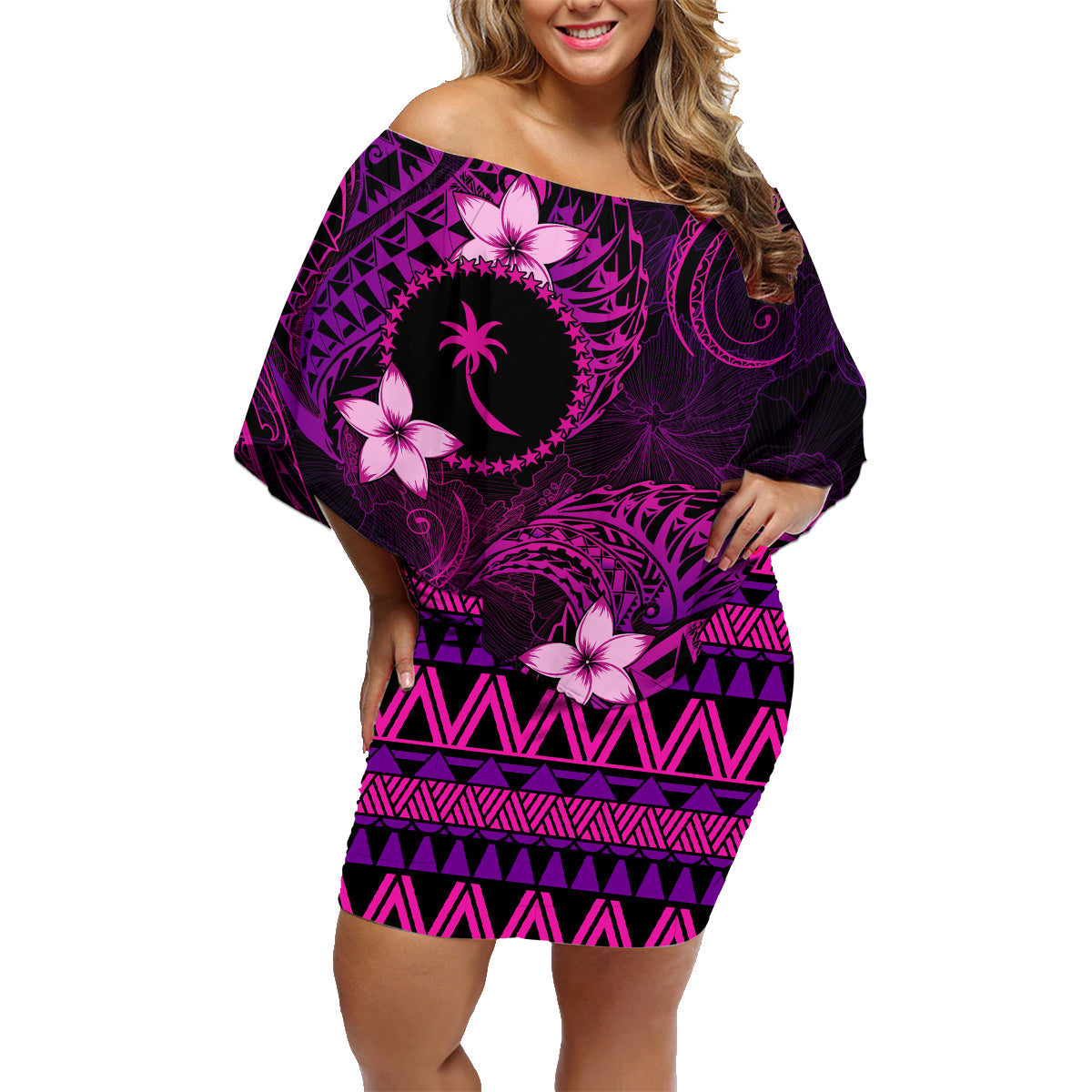 FSM Chuuk State Family Matching Off Shoulder Short Dress and Hawaiian Shirt Tribal Pattern Pink Version LT01 Mom's Dress Pink - Polynesian Pride