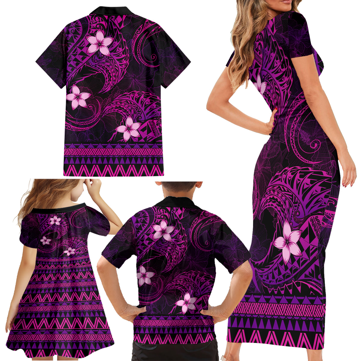 FSM Chuuk State Family Matching Short Sleeve Bodycon Dress and Hawaiian Shirt Tribal Pattern Pink Version LT01 - Polynesian Pride