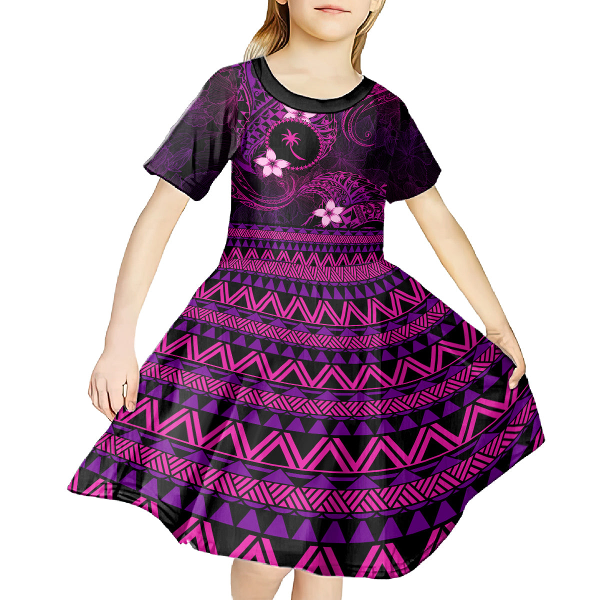 FSM Chuuk State Kid Short Sleeve Dress Tribal Pattern Pink Version LT01 - Polynesian Pride