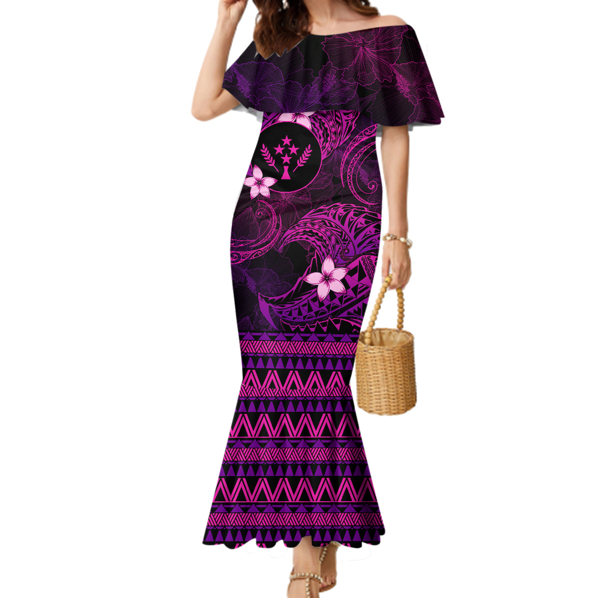 FSM Kosrae State Family Matching Mermaid Dress and Hawaiian Shirt Tribal Pattern Pink Version LT01 Mom's Dress Pink - Polynesian Pride