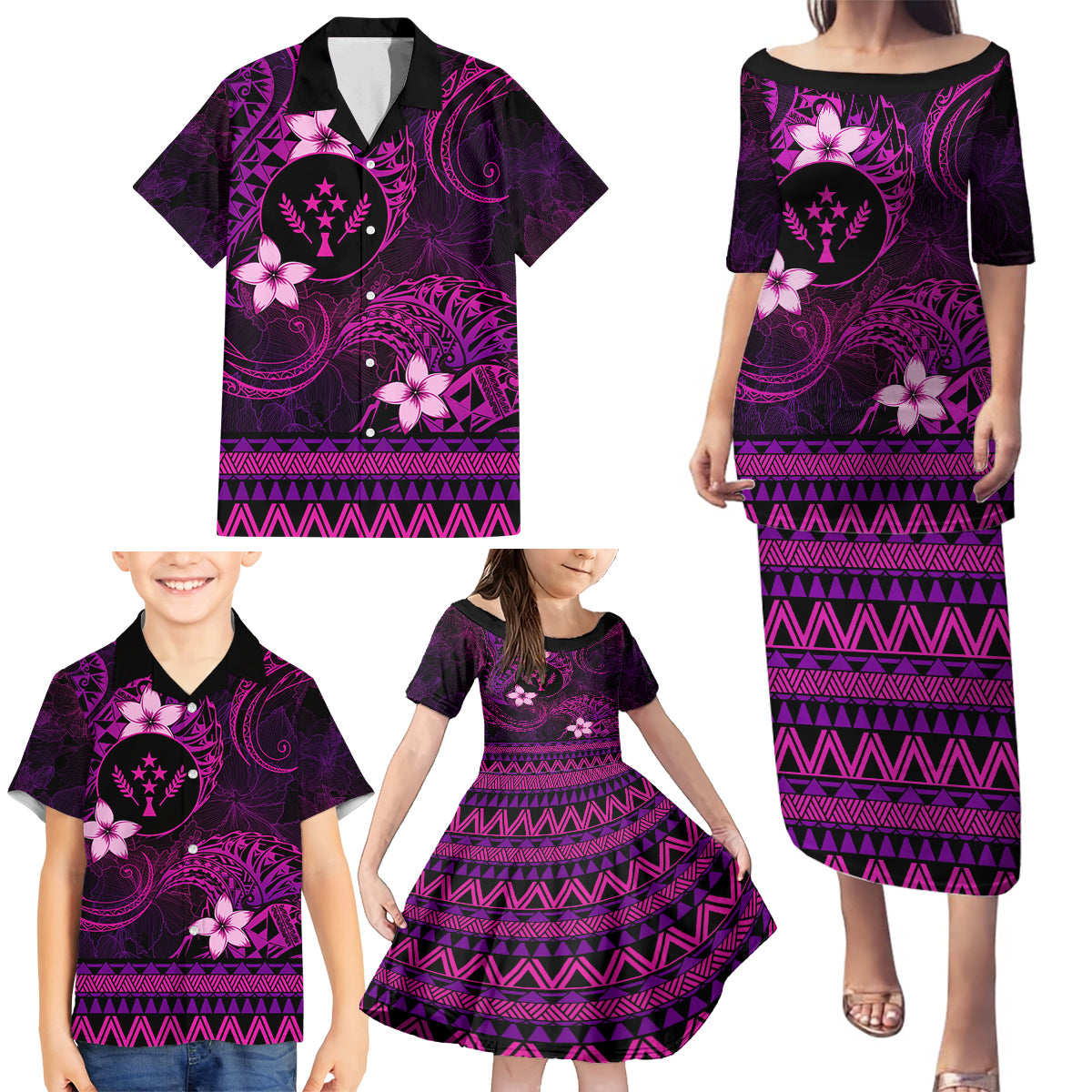 FSM Kosrae State Family Matching Puletasi and Hawaiian Shirt Tribal Pattern Pink Version LT01 - Polynesian Pride