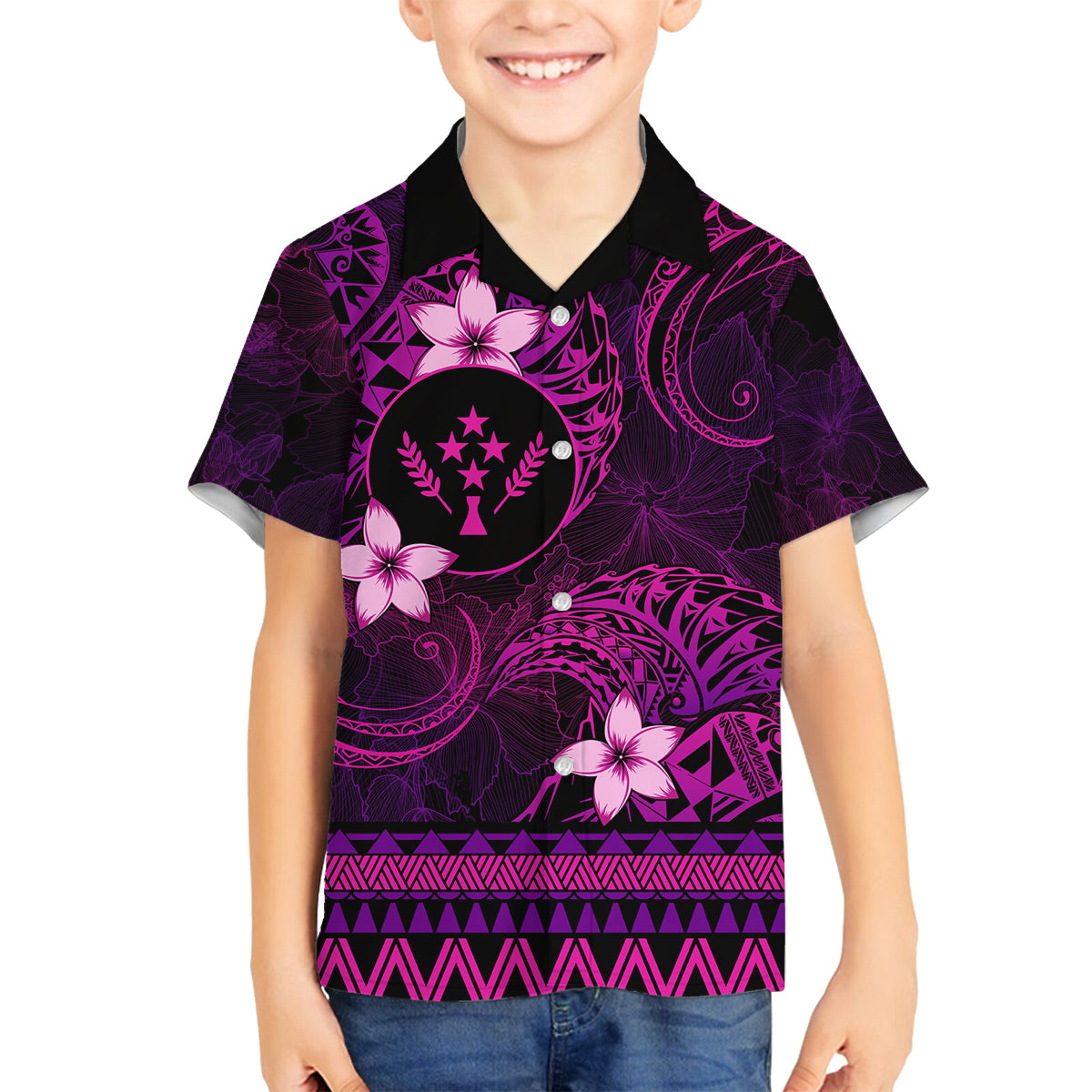 FSM Kosrae State Family Matching Tank Maxi Dress and Hawaiian Shirt Tribal Pattern Pink Version LT01 Son's Shirt Pink - Polynesian Pride