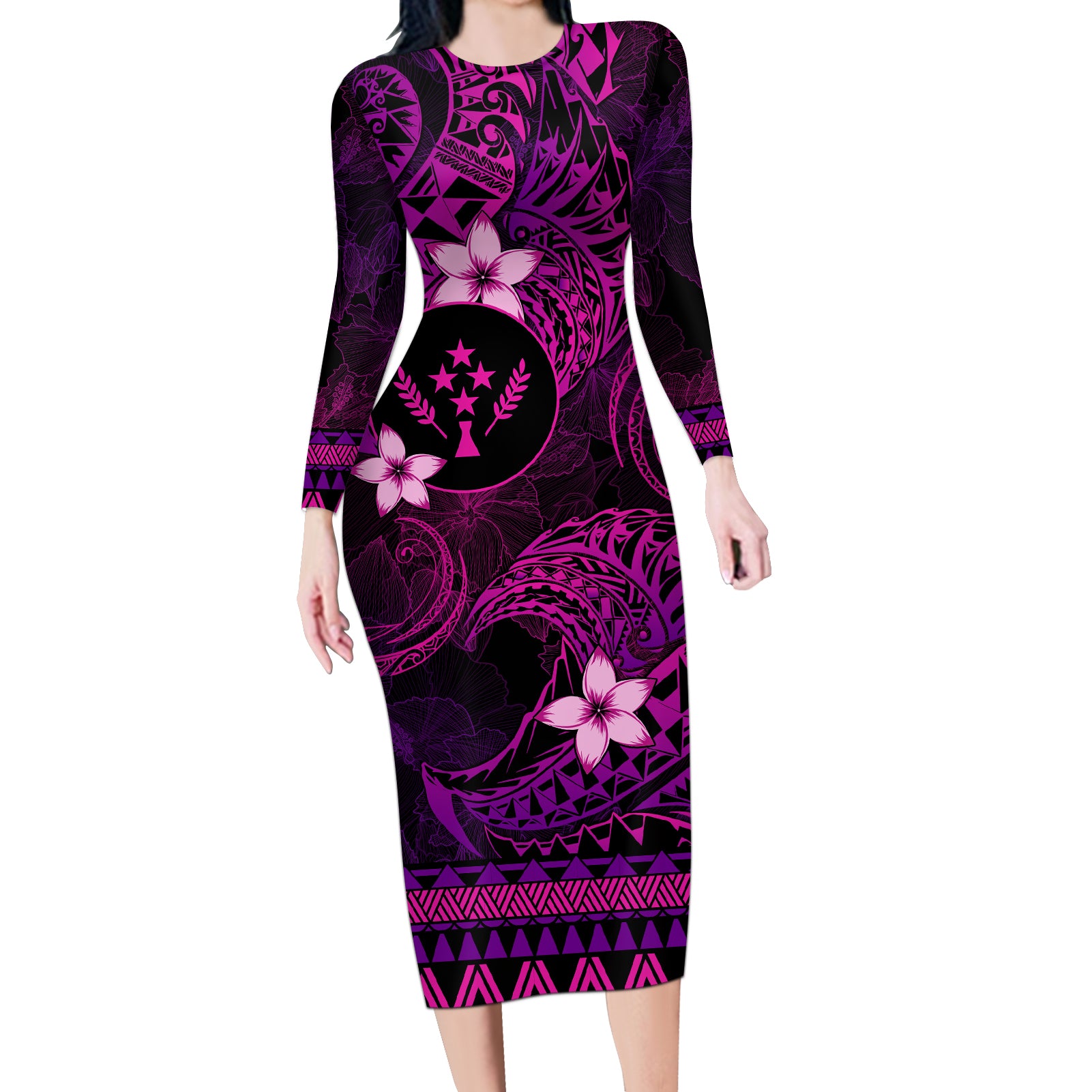 FSM Kosrae State Long Sleeve Bodycon Dress Tribal Pattern Pink Version LT01 Long Dress Pink - Polynesian Pride