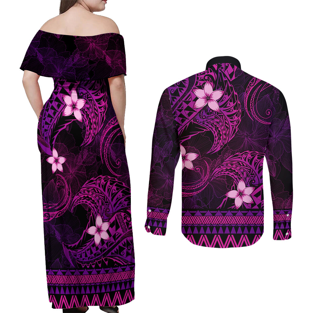 FSM Pohnpei State Couples Matching Off Shoulder Maxi Dress and Long Sleeve Button Shirt Tribal Pattern Pink Version LT01 - Polynesian Pride
