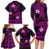 FSM Pohnpei State Family Matching Long Sleeve Bodycon Dress and Hawaiian Shirt Tribal Pattern Pink Version LT01 - Polynesian Pride