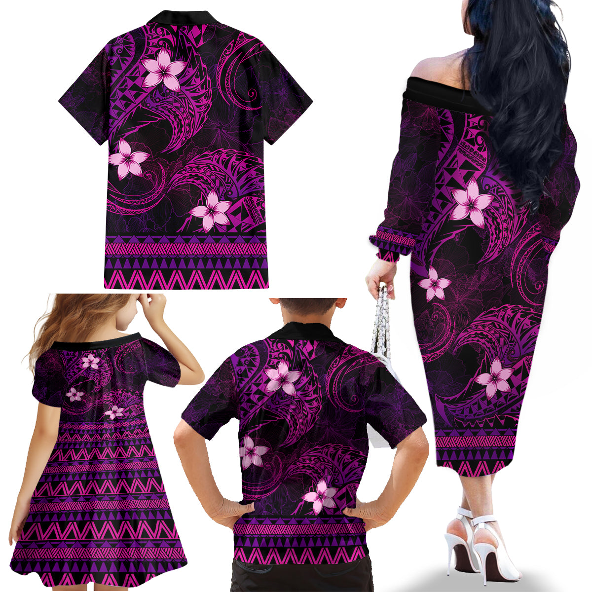FSM Pohnpei State Family Matching Off Shoulder Long Sleeve Dress and Hawaiian Shirt Tribal Pattern Pink Version LT01 - Polynesian Pride