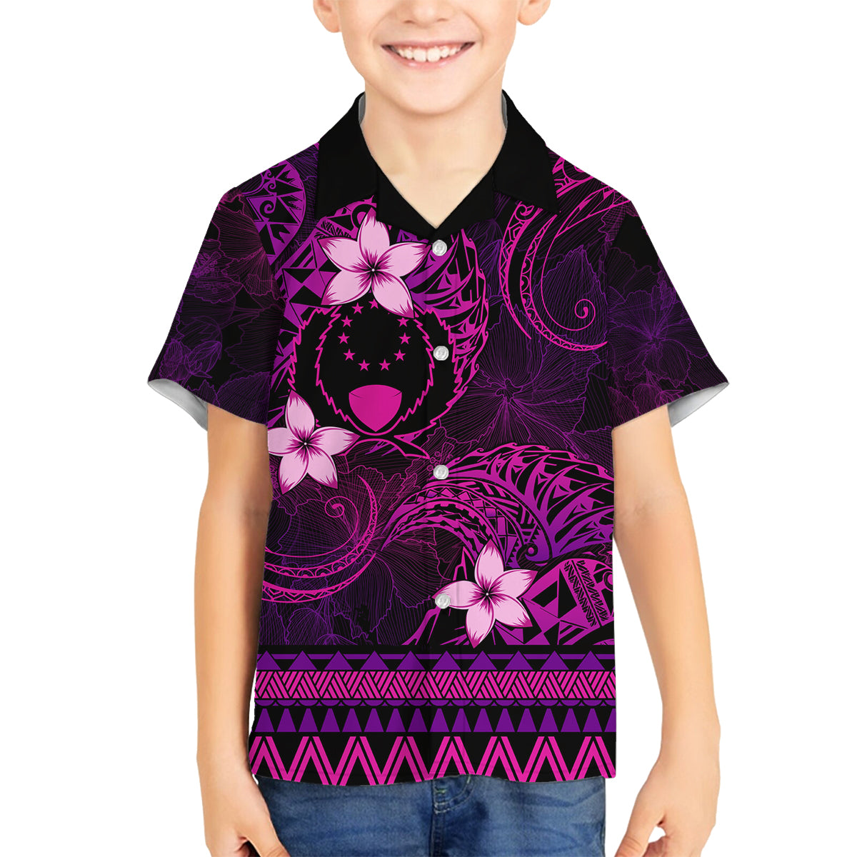 FSM Pohnpei State Family Matching Off Shoulder Long Sleeve Dress and Hawaiian Shirt Tribal Pattern Pink Version LT01 Son's Shirt Pink - Polynesian Pride