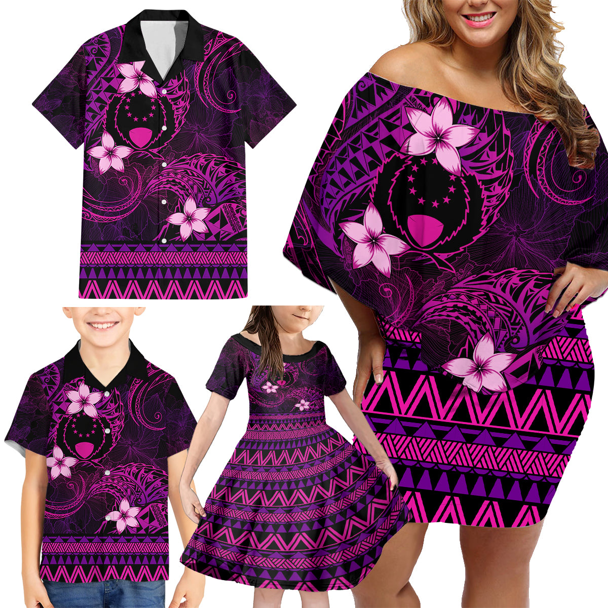 FSM Pohnpei State Family Matching Off Shoulder Short Dress and Hawaiian Shirt Tribal Pattern Pink Version LT01 - Polynesian Pride