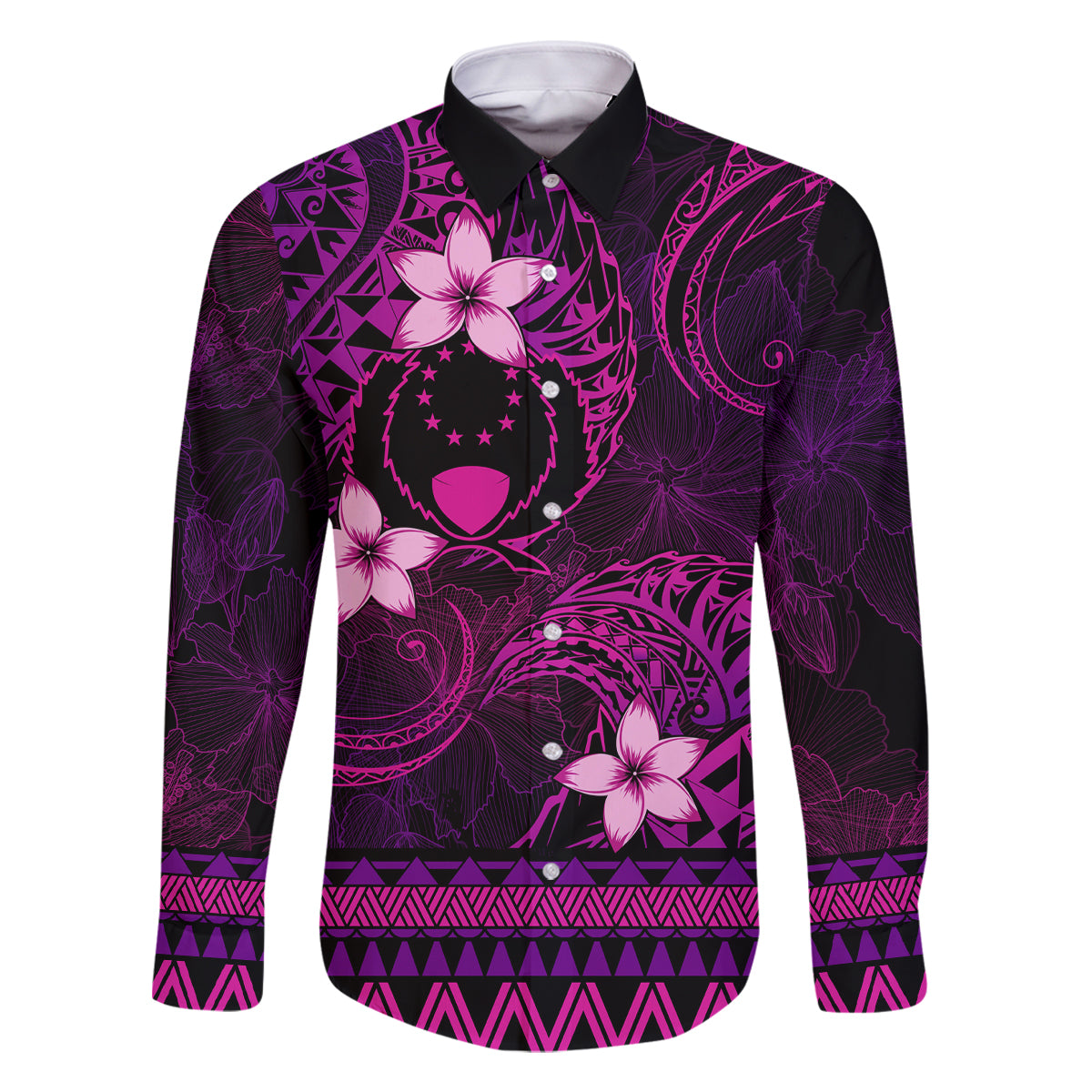 FSM Pohnpei State Family Matching Off Shoulder Short Dress and Hawaiian Shirt Tribal Pattern Pink Version LT01 Dad's Shirt - Long Sleeve Pink - Polynesian Pride