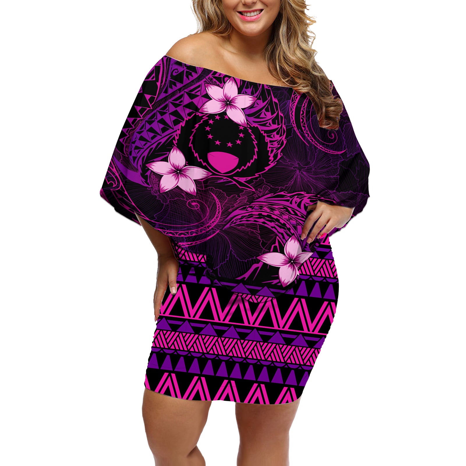 FSM Pohnpei State Off Shoulder Short Dress Tribal Pattern Pink Version LT01 Women Pink - Polynesian Pride