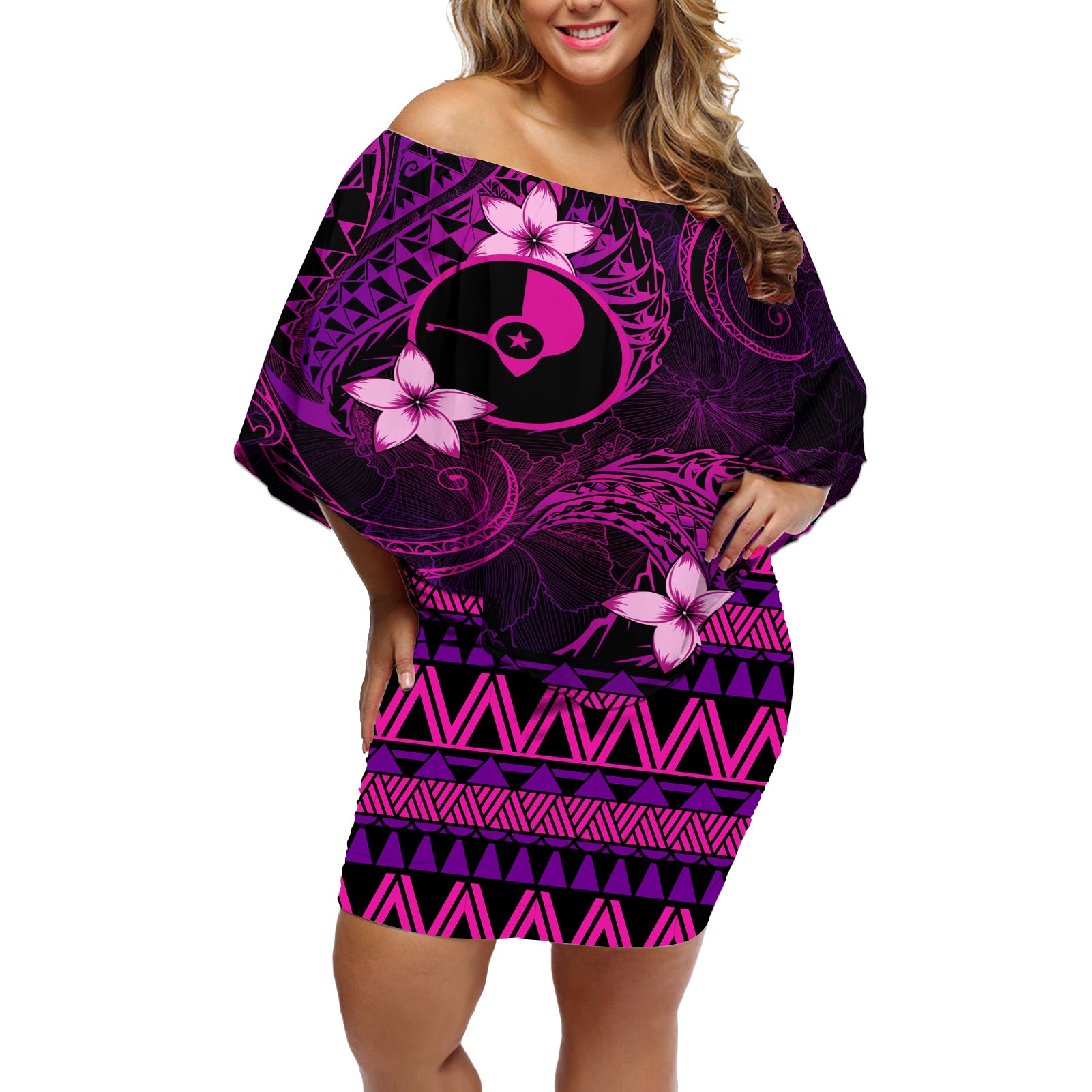 FSM Yap State Off Shoulder Short Dress Tribal Pattern Pink Version LT01 Women Pink - Polynesian Pride