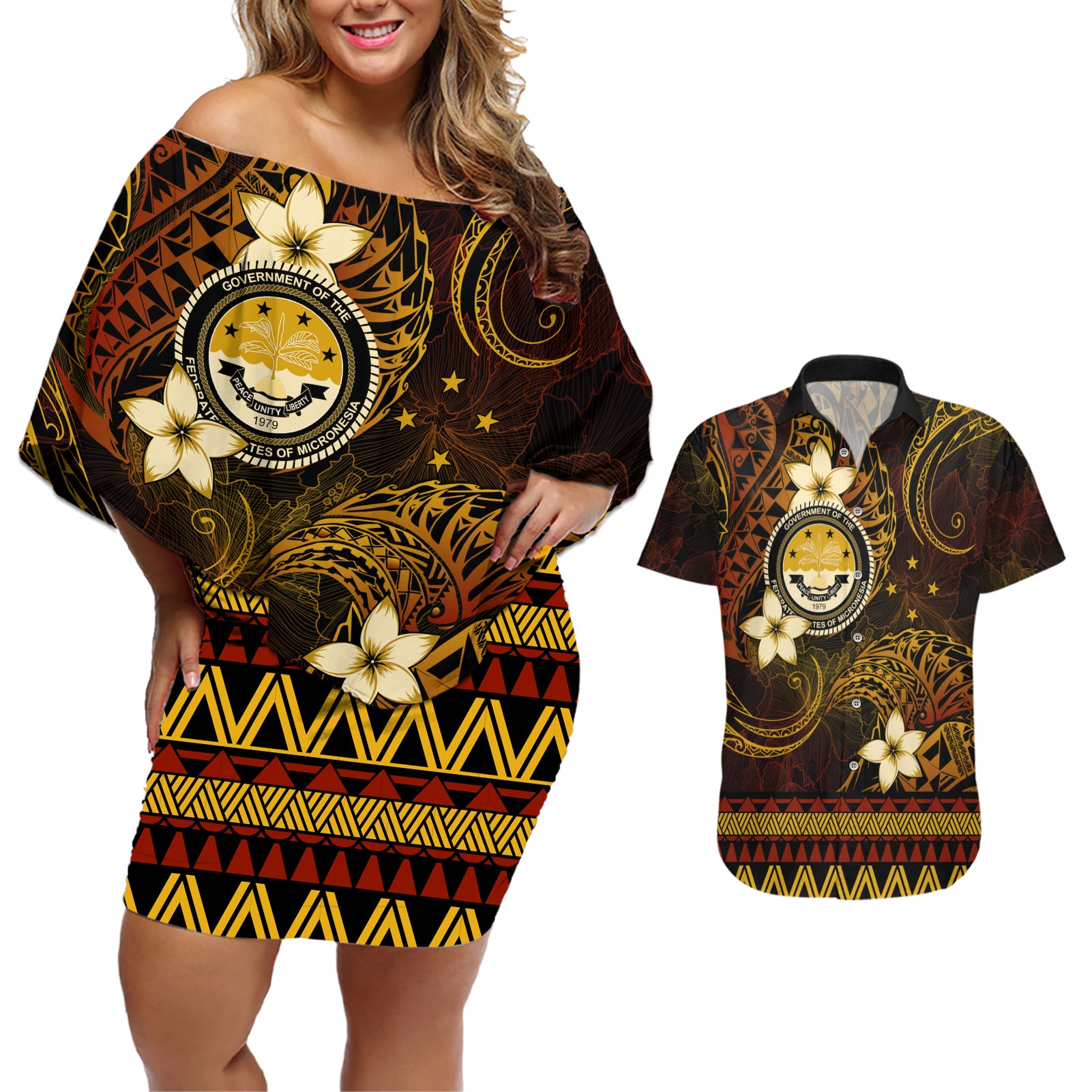 FSM Culture Day Couples Matching Off Shoulder Short Dress and Hawaiian Shirt Tribal Pattern Gold Version LT01 Gold - Polynesian Pride