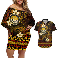 FSM Culture Day Couples Matching Off Shoulder Short Dress and Hawaiian Shirt Tribal Pattern Gold Version LT01 Gold - Polynesian Pride