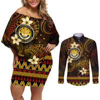 FSM Culture Day Couples Matching Off Shoulder Short Dress and Long Sleeve Button Shirt Tribal Pattern Gold Version LT01 Gold - Polynesian Pride